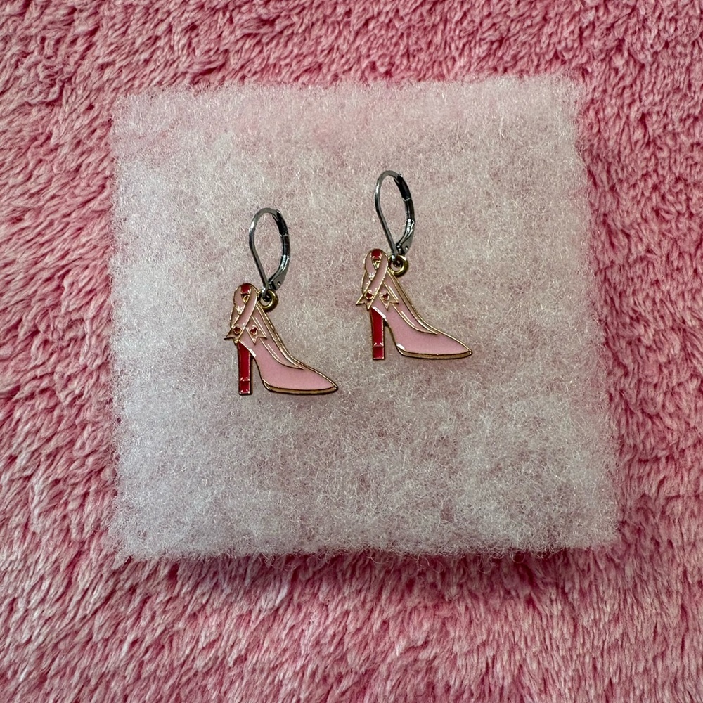 Breast Cancer Awareness Pink High Heel Ribbon Earrings
